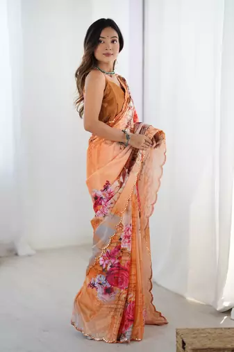 Orange chinon printed saree