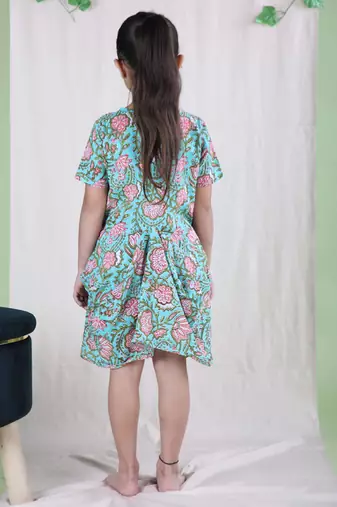 Green cotton woven floral printed dress