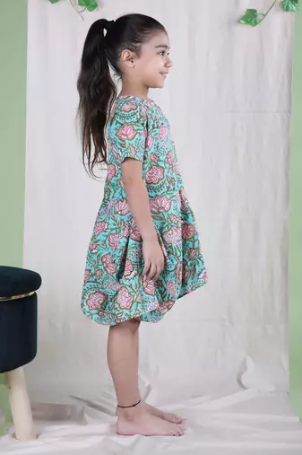 Green cotton woven floral printed dress