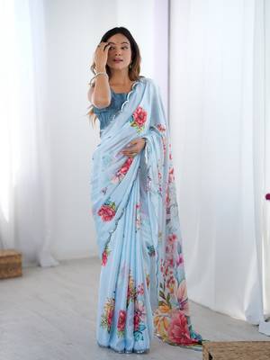Blue digital printed chinon saree 1