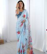 Blue digital printed chinon saree
