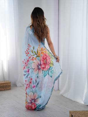 Blue digital printed chinon saree 2