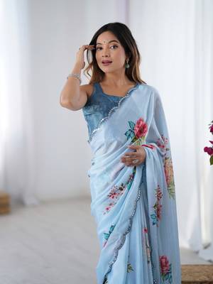 Blue digital printed chinon saree 3