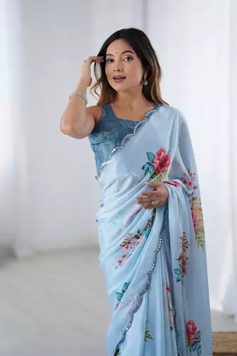 Blue digital printed chinon saree