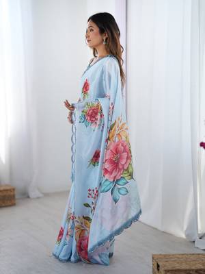 Blue digital printed chinon saree 4