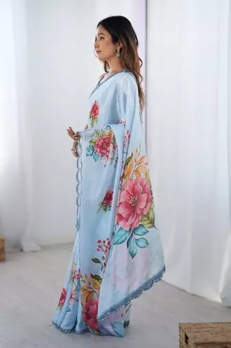Blue digital printed chinon saree