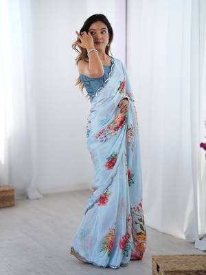 Blue digital printed chinon saree 5