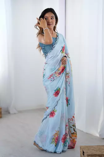 Blue digital printed chinon saree