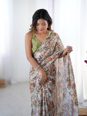 Off white digital printed chinon saree 3