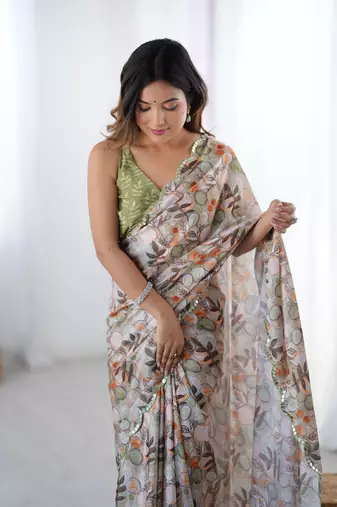 Off white digital printed chinon saree