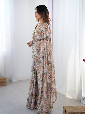 Off white digital printed chinon saree 4