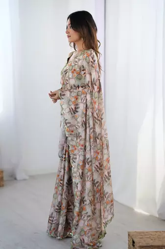 Off white digital printed chinon saree