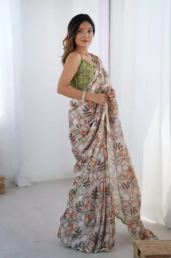 Off white digital printed chinon saree