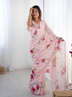 Pink digital printed chinon saree 1