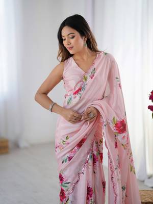 Pink digital printed chinon saree 3