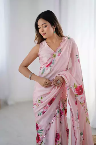 Pink digital printed chinon saree