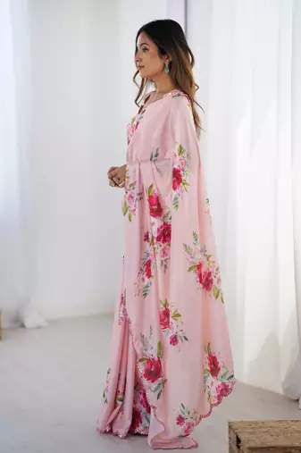 Pink digital printed chinon saree
