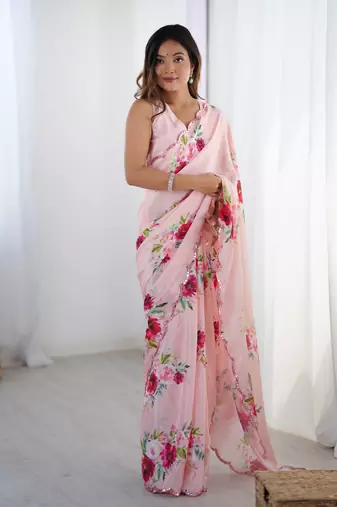 Pink digital printed chinon saree
