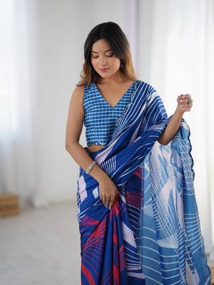 Blue digital printed chinon saree 3