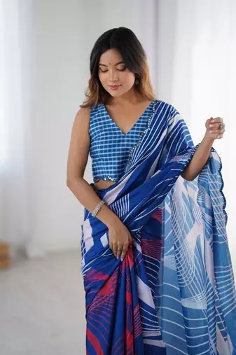 Blue digital printed chinon saree
