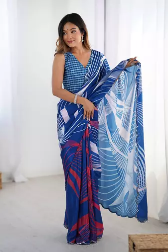 Blue digital printed chinon saree