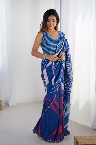 Blue digital printed chinon saree