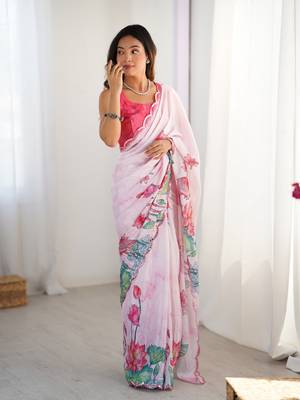 Off white digital printed chinon saree 1