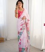 Off white digital printed chinon saree