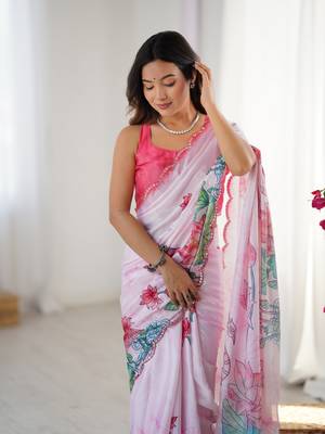 Off white digital printed chinon saree 3