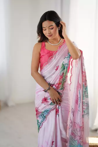 Off white digital printed chinon saree