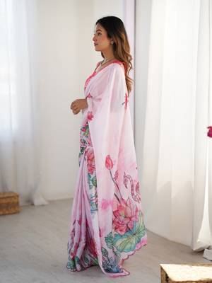 Off white digital printed chinon saree 4