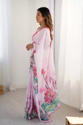 Off white digital printed chinon saree