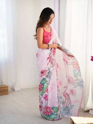 Off white digital printed chinon saree 5