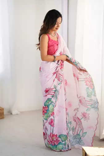 Off white digital printed chinon saree