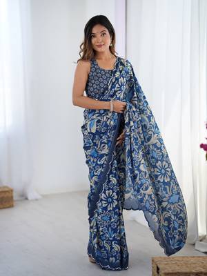 Blue digital printed chinon saree 1
