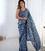 Blue digital printed chinon saree