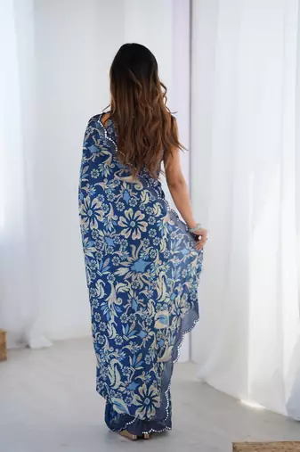 Blue digital printed chinon saree