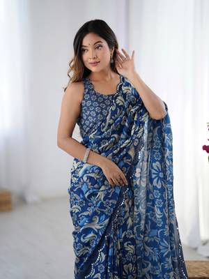 Blue digital printed chinon saree 3