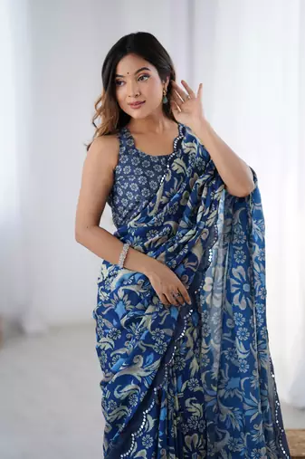 Blue digital printed chinon saree