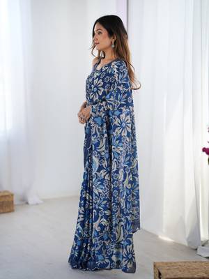 Blue digital printed chinon saree 4