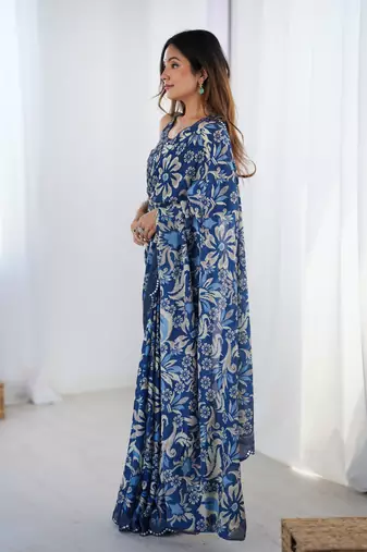 Blue digital printed chinon saree