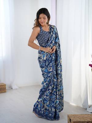 Blue digital printed chinon saree 5