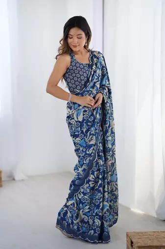 Blue digital printed chinon saree