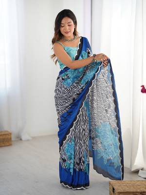 Blue digital printed chinon saree 1