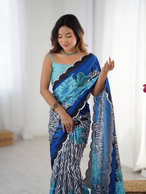 Blue digital printed chinon saree 3