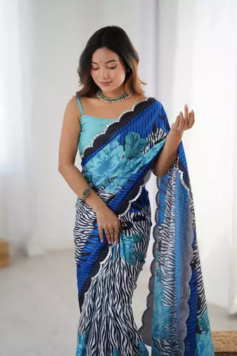 Blue digital printed chinon saree