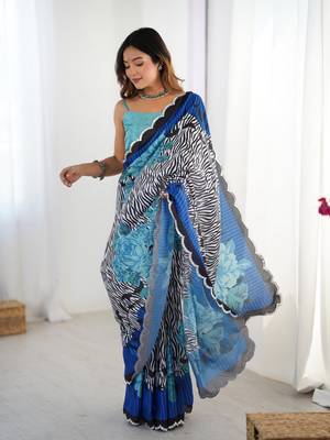 Blue digital printed chinon saree 4