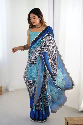 Blue digital printed chinon saree