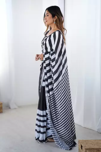 Black digital printed chinon saree