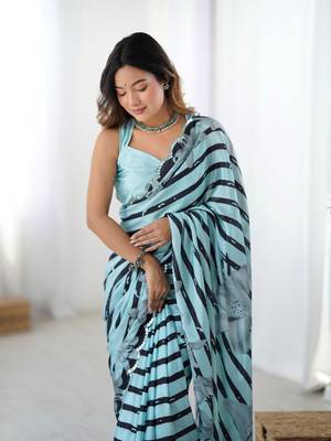 Sea green digital printed chinon saree 3